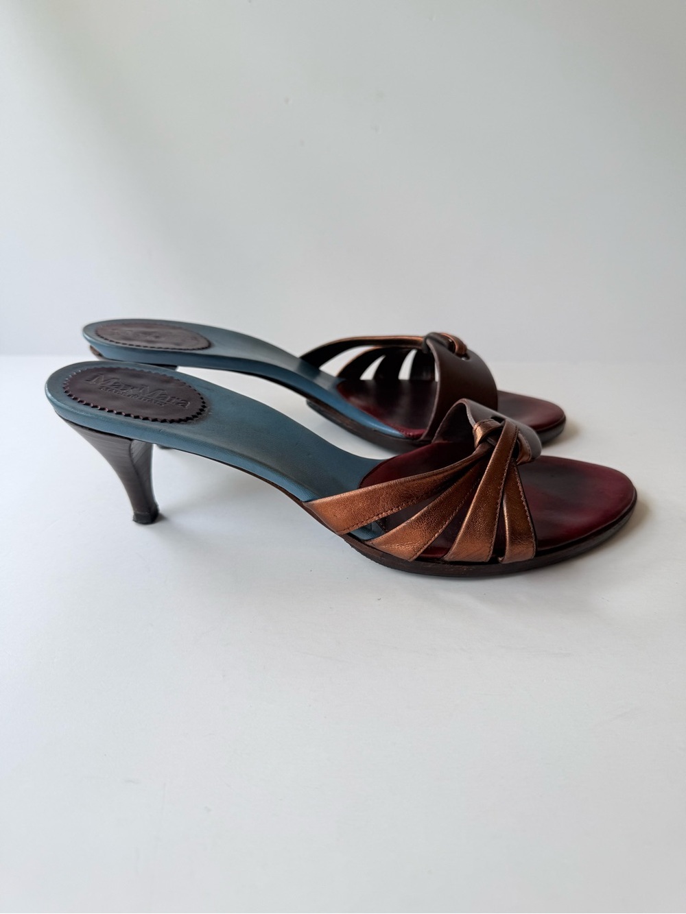 Vintage MaxMara Metallic Copper Burgundy Red Blue Leather Low Heeled Sandals 38 - Picture 6 of 12